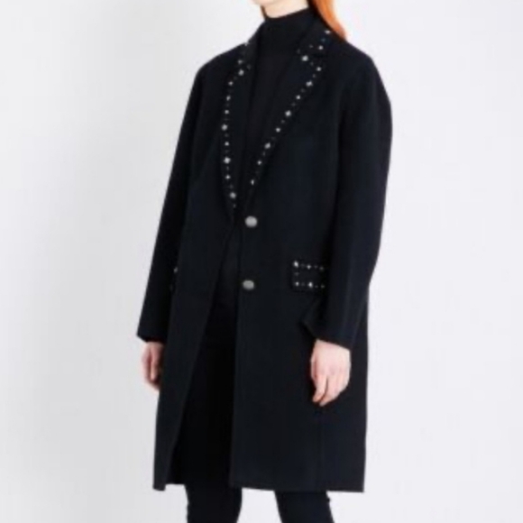 THE KOOPLES Wool Studded Accents & Pointed Collar Black Car Coat, Size XS 32 - Picture 2 of 5
